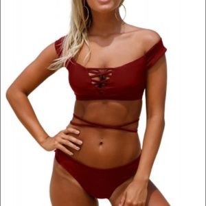 Burgundy criss cross strappy bikini